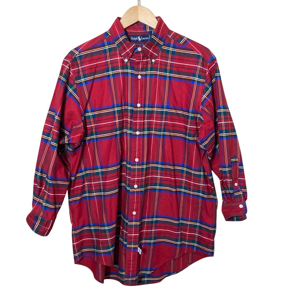 Polo Ralph Lauren Mens Large Classic Red Tartan Plaid Button Down 100% Cotton
